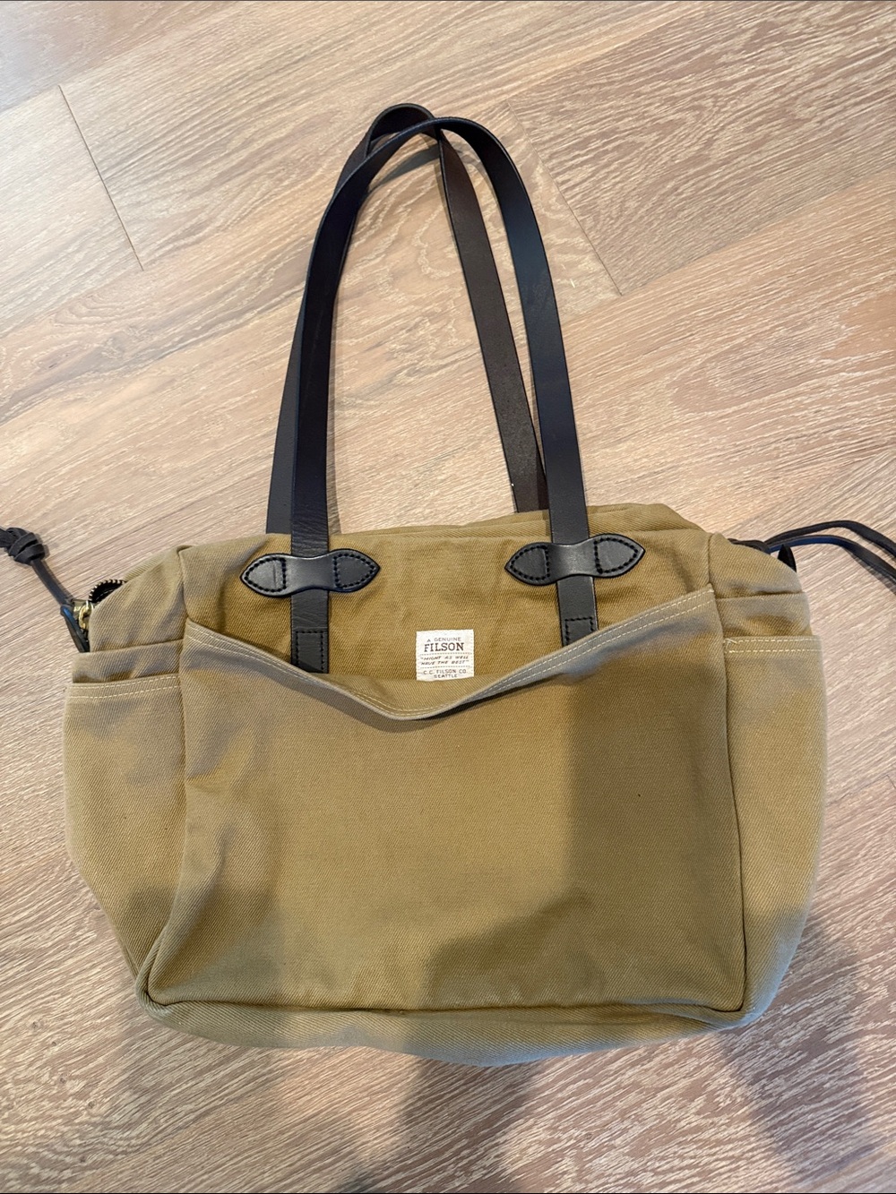 Filson Olive Canvas Tote with Brown Leather Handles